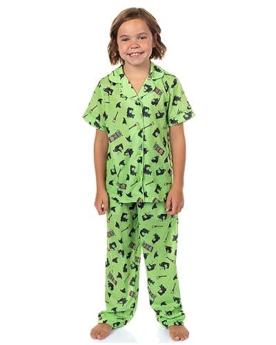 INTIMO Wicked Girls’ Elphaba Pajamas Chibi Broom Hat Button-Up Shirt Pajama Set for Kids - Image 1