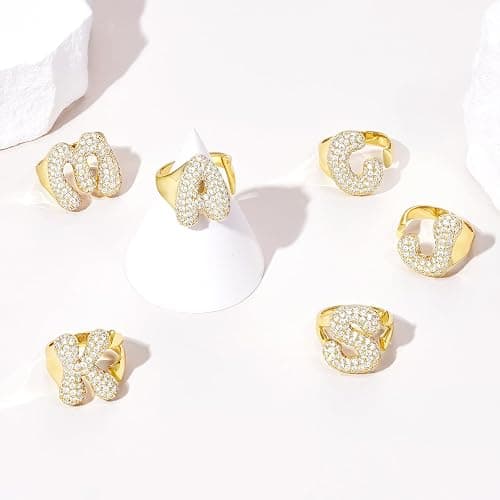 KissYan Bubble Initial Ring for Women, 14k Gold Plate Balloon Jumbo Letter Rings Open Adjustable Dainty Pave CZ Personalized Fashion Trendy Statement Jewelry Gift thumbnail 7