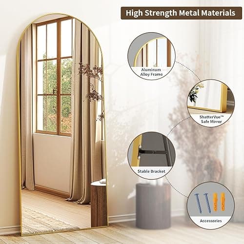 XRAMFY 56" x21 Arched Full Length Mirror Floor Mirrors with Aluminum Alloy Frame Free-Standing Wall Mounted Floor Mirrors or Large Dressing Mirror, Gold Mirror Full Length thumbnail 6