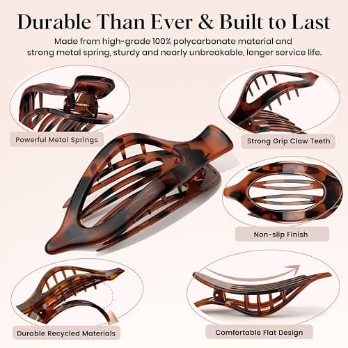 Oeusnael 4 PCS Large Flat Hair Clips for Women Girls, French Concord Lay Down Claw Clips for Thick Thin Hair, Comfortable Curved Flat Clip, Leopard Print Stylish Strong Hold Hair Accessories, Tortoise thumbnail 5