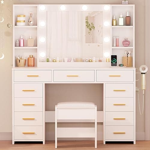 ANWBROAD White Vanity Desk with Mirror and Lights Makeup Vanity Desk with Power Outlet 11 Drawers 9 Shelves Hair Dryer Stand 3 Color Lighting Modes Vanity Table with Stool for Bedroom Women UBDT86W thumbnail 4