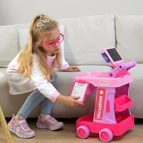 Phobby Doctor Kit for Toddlers Aged 3 4 5, Medical Pretend Play Set for Kids with Bag and Costume, Doctor Cart Toy for Girls Boys Birthday Gift (Pink) thumbnail 2