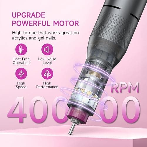 Electric Nail Drill Professional, Portable Nail File for Acrylic Gel Nails, Cordless Rechargeable Ultra Power Nail Drill Kit 40000RPM, HMC320 Salon-Grade Efile Nail Machine (Dark Grey) thumbnail 2