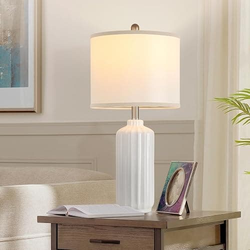 Liyicha Lamp for Living Room Bedroom Lamps Farmhouse Table Lamps Set of 2 Vertical Stripe Ceramic Table Lamp,Linen Shade with Bulb, 25 in High, White - White（Set of 2） - 25-inch high thumbnail 2