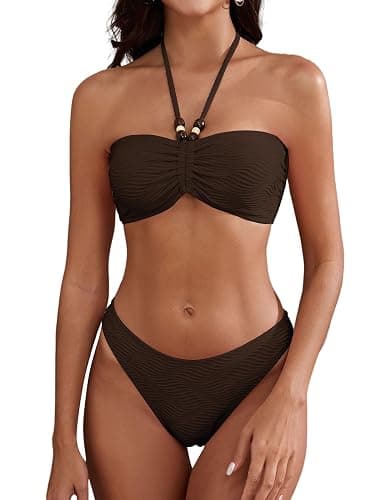 ZAFUL Women's Halter Bandeau Bikini Beaded Tie Back String Bikini Set Push Up Two Piece Swimsuit Bathing Suits - Image 1