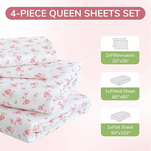 MUXHOMO Queen Size 4 Piece Sheet Set, Soft Breathable Bed Sheet Set for Bedroom with Deep Pocket Up to 16", Wrinkle-Free & Cooling Bedding for Oeko-TEX Certified - Blossoms Pink thumbnail 3