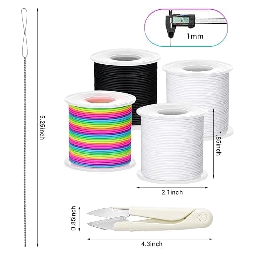 1 mm Stretchy Bracelet String with Scissors Beading Needle, 4 Rolls,660FT | Elastic String for DIY Crafts, Stretchy Cord for Jewelry Making Sewing Necklace Beading (Black, White, Rainbow) thumbnail 3