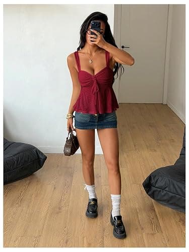 Milumia Women's Eyelet Tie Front Ruched Tank Tops Y2k Going Out Peplum Top | Babydoll, Sexy Slim Fit, Sleeveless, Flowy, Summer, Beach Vacation Outfits, Country Concert thumbnail 4