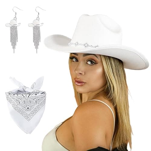 JIANGLAI Western Cowgirl Hat for Women Men, Fedora Wide Brim Rhinestone Cowboy Hat with Bandana and Cowgirl Tassels Earrings thumbnail 2