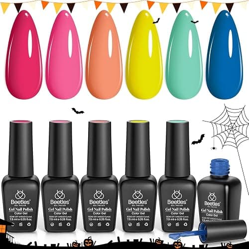 Beetles Gel Nail Polish Set, Halloween Gel Nail Polish, 6 Colors Orange Blue Pink Green Soak Off UV Manicure Kit DIY Nail Art for Women Pool Party Holiday thumbnail 8