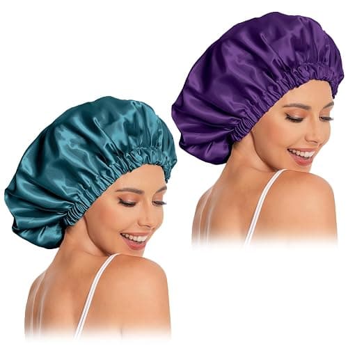 Satin Bonnet Silk Bonnet Hair Bonnet for Sleeping-Slouchy Beanie Hat Satin Sleep Cap for Women's Natural & Curly Hair(Blue Zircon&Purple) - Image 1