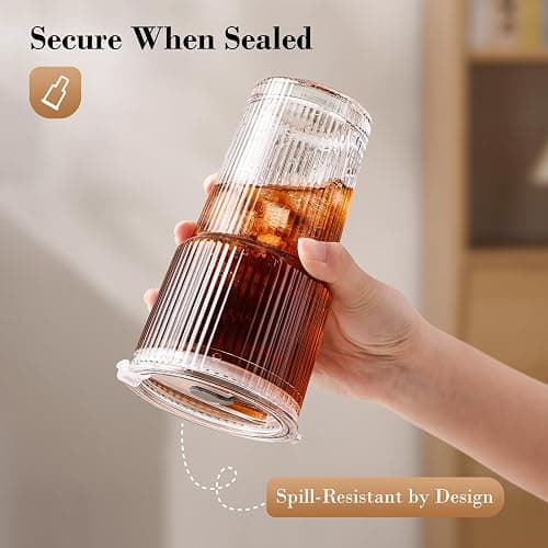 GOSCHE 20oz Glass Tumblers with Straws and Lids, Ribbed Iced Coffee Cups Leak-proof, Dishwasher Safe, Thickened Glass Cups with Lids Ideal for Coffee and Travel, Clear, 4 Pack thumbnail 3