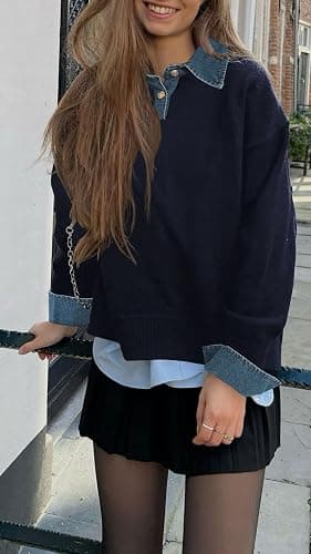 GUNEST Womens Oversized Sweater Cozy Chunky Long Sleeve Mock Turtleneck V Neck Button Down Denim Polo Pullover Tunic Sweaters thumbnail 6