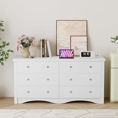 YESHOMY Dresser for Bedroom with Power Outlet,6 Drawers Dresser, Modern Chest of Drawers, Wooden Dressers, TV Stand for Living Room,Closet, Hallway (White) thumbnail 7