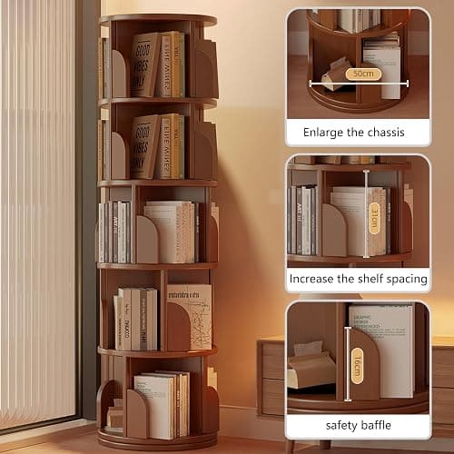 Revolving Bookcase, Rotating Bookshelf Tower, 360° Display Standing Book Shelf Organizer, Freestanding Wooden Corner Bookshelves Storage Rack for Small Space, Living Room, Bedroom (5-Tier) thumbnail 5