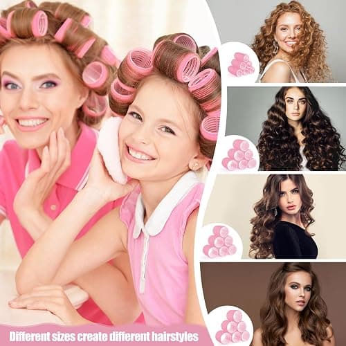 4 Sizes Self-Grip Hair Rollers Set for Long, Short Hair and Bangs - 50 Pcs with Clips (25mm, 36mm, 48mm, 60mm), Pink thumbnail 3
