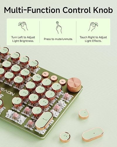 EWEADN Typewriter Style Mechanical Keyboard, Wired Typewriter Keyboards,104 Keys Backlit LED Metal Keyboards, Media Control Knob, Wired Computer Keyboard Pink Switch for Windows/Mac/PC-Green thumbnail 7