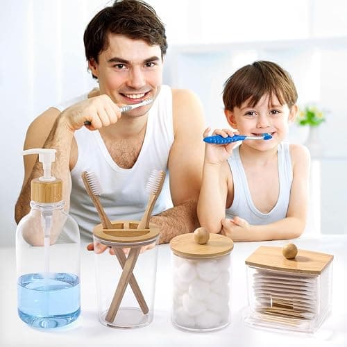 Bamboo Bathroom Accessories Set 4 Pcs - Clear Toothbrush Holder Plastic Soap Dispenser and 2 Qtip Holder Cotton Swab/Pad/Ball Container Jar thumbnail 7