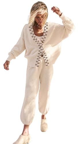 SAUKOLE Womens Two Piece Outfits Knit Sweater Sets Oversized Button Down Cardigan and Long Pants Matching Lounge Set thumbnail 4