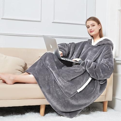 Cozystar Wearable Blanket Hoodie with Giant Pocket （Pet Won't Leave） Extra Soft Sherpa Fleece Thick Warm ＆ Cozy Oversized Sweatshirt Blanket Jacket with Sleeves-Grey thumbnail 6