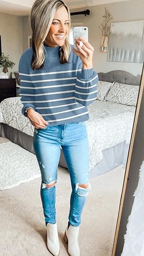 ZESICA Women's 2025 Fall Fashion Turtleneck Long Sleeve Striped Ribbed Knit Loose Pullover Sweater Tops thumbnail 5