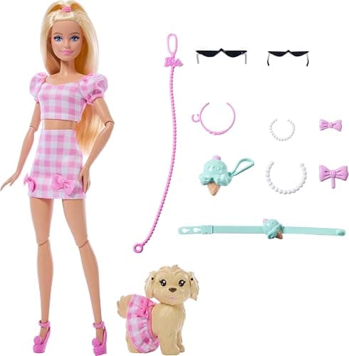 Barbie Twinning Looks Doll with Pet Dog in Matching Pink Gingham Clothes and Accessories for Both Like Sunglasses, Necklaces and Bows, Blonde thumbnail 5