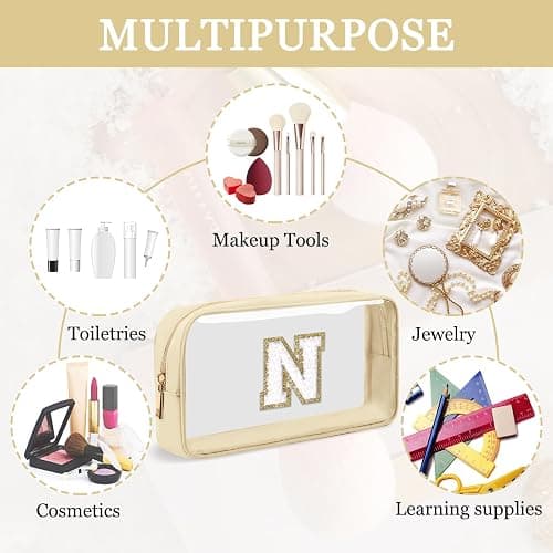 Mini Clear Personalized Initial Makeup Bag, Nylon Preppy A-Z Chenille Letter Patch Zipper Cosmetic Bag, Small Cute Pouch Travel Coin Purse Toiletry Bag, Small-Beige, N thumbnail 7