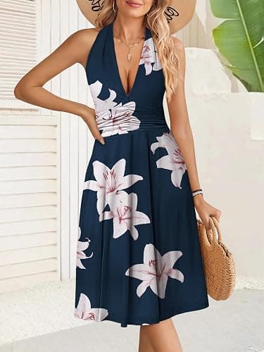 HUHOT Women's Summer Sundress Sleeveless Halter Neck Spring 2026 Floral with Pocket Elastic Waist Ruffle Mini Dresses thumbnail 6
