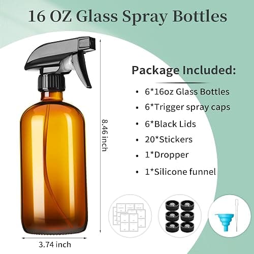 GIVAMEIHF 16oz Amber Glass Spray Bottles,6 Pack Glass Spray Bottles Refillable Empty Bottle with Adjustable Nozzle,Spray Bottle for Essential Oils,Cleaning,Pets,Hair Mister thumbnail 2