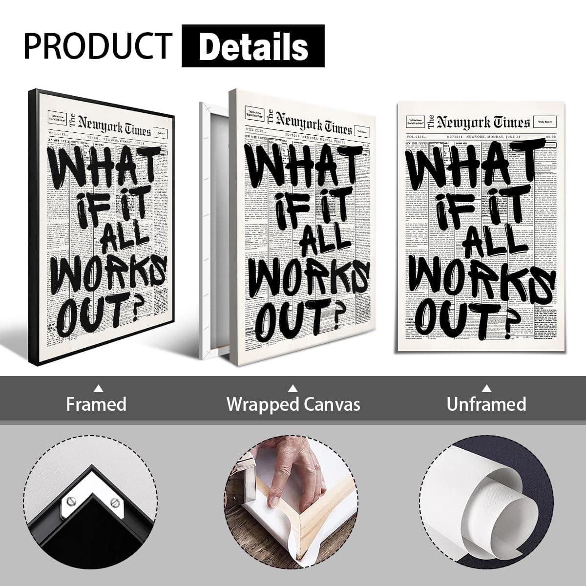 What If It All Works Out Canvas Wall Art, Black and White Newspaper Aesthetic Poster, Positive Affirmations Wall Decor, Daily Inspirational Quote Typography Print for Bedroom 8x12in Unframed thumbnail 3
