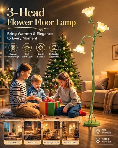 Vintage 3 Head Flower Floor Lamp, LED Standing Lamp for Living Room with E26 Bulb 3 Color Modes Flexible Gooseneck Tall Lamp for Home Bedroom,Corner,Reading | Flexible Gooseneck, Bulb Included, 3 Color Temperatures Vintage Reading Lamp for Bedroom, Corner, Home (Green) thumbnail 7