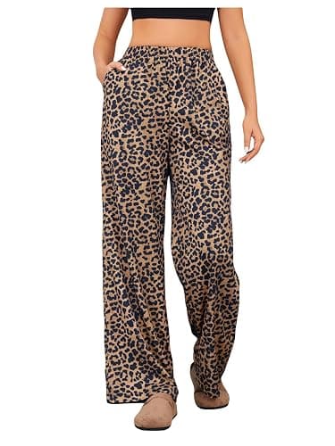 OYOANGLE Women's Leopard Print Elastic High Waist Long Pants | Loose Wide Leg, with Pockets, All Over Cheetah Printed, Casual Ladies Outfit, Palazzo Trousers - Image 1