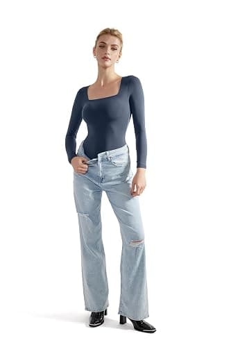 SUUKSESS Women Square Neck Long Sleeve Bodysuit Sexy Thong Bodysuit Shirts thumbnail 4