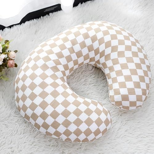 DILIMI Muslin Nursing Pillow Cover 2 Pack, Removable Nursing Cover for Breastfeeding Pillows, Ultra Soft Comfortable Slipcover for Baby Girl and Boy, Beige and Brown Checkered - Beige & Brown Checkered thumbnail 3
