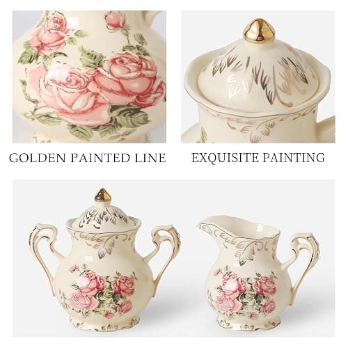 OptmAVth Ceramic Tea Set, 4 Cups and Spoons, One Sugar Bowl, One Milk Kettle, One Storage and Removeable Tray, for Home Party or Wedding Service, Pink Rose thumbnail 6