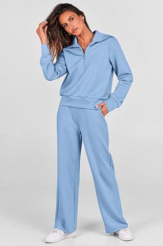 PRETTYGARDEN Women's 2 Piece Outfits Casual Lapel Half Zip Sweatshirts And Wide Leg Pants Tracksuit Sets thumbnail 4