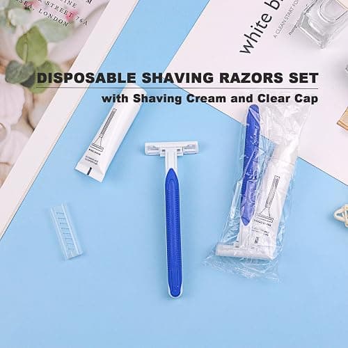 Disposable Razors in Bulk Pack of 120,Blue Disposable Shaving Razors Individual Wrapped Twin Blade Bulk Disposable Razors with Clear Cap and 10g Shaving Cream for Homeless,Hotel,Travel,Charity,Shelter thumbnail 7