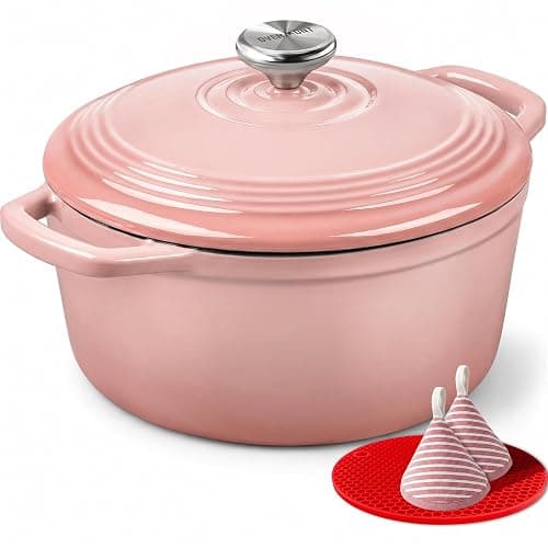 Overmont Enameled Cast Iron Dutch Oven - 5.5QT Pot with Lid Cookbook, Pink | Heavy-Duty Cookware with Cotton Potholders, Enclosed Lid-Knob Design, Oven Safe for Sourdough Baking Braising Stews Roasting - Image 1