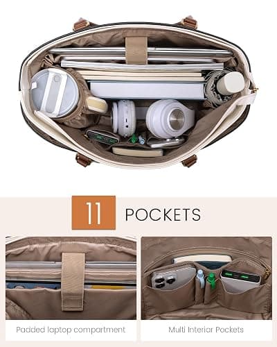 LOVEVOOK 15.6 Inch Laptop Bag for Women, Vintage Leather Work Tote with Large Cup Holder Teacher Computer Briefcase thumbnail 4