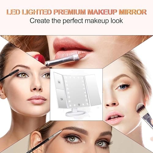 Flymiro Tri-fold Lighted Vanity Makeup Mirror with 3x/2x Magnification,21 LEDs Light and Touch Screen,180 Degree Free Rotation Countertop Cosmetic Mirror,Travel (White) thumbnail 5