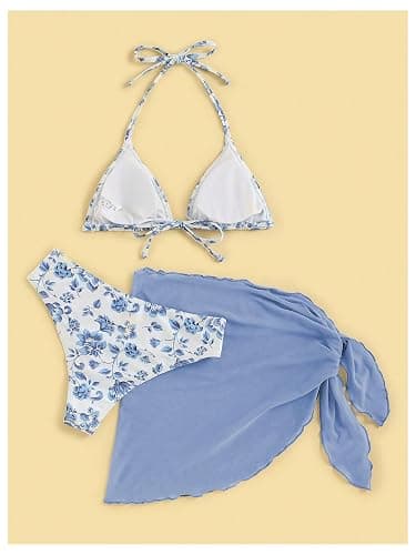 SHENHE Women's 3 Piece Floral Bikini Set with Wrap Coverup Halter Triangle Swimsuits thumbnail 2