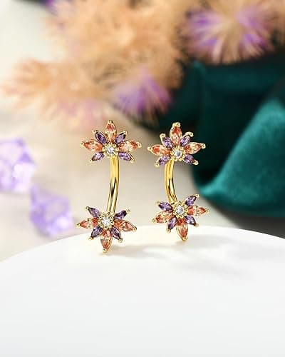 COCHARM Colorful Lotus Belly Button Rings, 14G Both End Belly Navel Rings for Women, Gold Plated Navel Piercing Jewelry Stainless Steel 8/10MM thumbnail 4