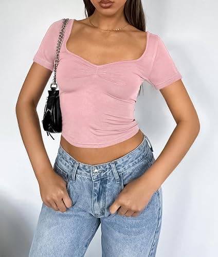 ForeFair Women's Sexy Short Sleeve Going Out Tops Pleated Bustier Shirt Cute Sweetheart Neck Y2K Crop Tee thumbnail 3