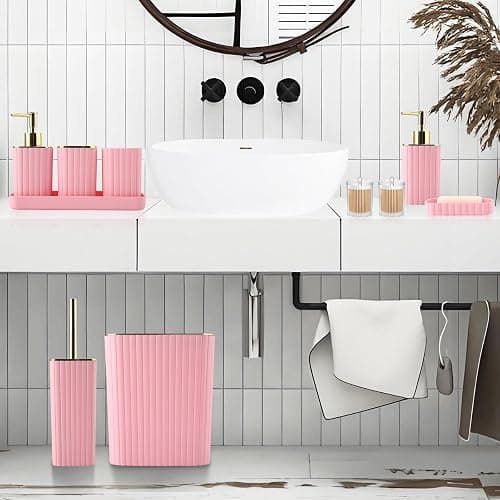 XLHOMO Pink Bathroom Accessories Set - Gorgeous Bathroom Set, 10PC Bathroom Accessory Set, Toilet Brush, Trash Can, Qtip Holder & Soap Dispenser thumbnail 2