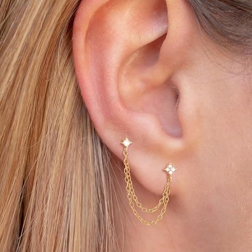 Freekiss Gold Chain Studs Earrings for Women Trendy: Hypoallergenic 14K Gold Plated Dangle Earrings Dainty Small Long Chain Earring Set Fashion Gold Jewelry for Women thumbnail 9