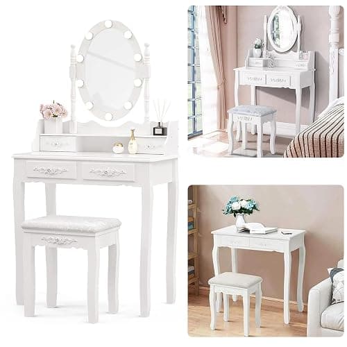 Alohappy Girls Makeup Vanity Set, Dressing Table Desk with Lighted Mirror and Stool, Makeup Table with 4 Drawers for Bedroom, Bathroom (Vanity with Lighted Mirror) thumbnail 8