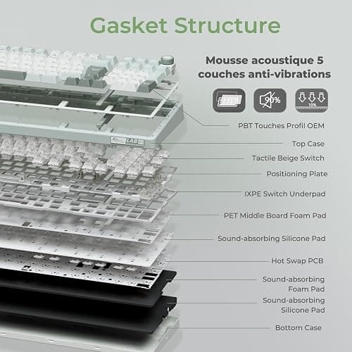 RK ROYAL KLUDGE R98 Pro Clavier Gamer 96% Filaire Mécanique AZERTY, RVB avec Pavé Numérique, Molette de Volume, Gasket Mount, Touches Profil OEM en PBT, Hot-Swap, Switch Tactile Beige Pré-lubrifié thumbnail 6