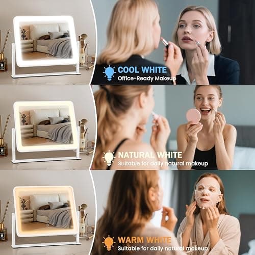Bearolve Vanity Mirror with Lights, 14"×12" LED Makeup Mirror, HD Professional Mirror, Smart Touch with 3-Color Lighting, Dimmable, 360° Rotation, Lighted Up for Makeup Desk, Bedroom (White) thumbnail 4