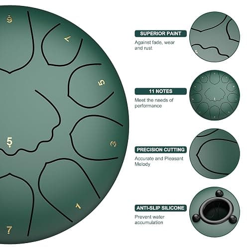 Rain Drum for Outside Garden, 8 Inches 11 Notes Steel Tongue Drum, Waterproof Meditation Rain Chime, Musical Instruments for Adult Gift with Bag, Music Book, Mallets (Green) thumbnail 2
