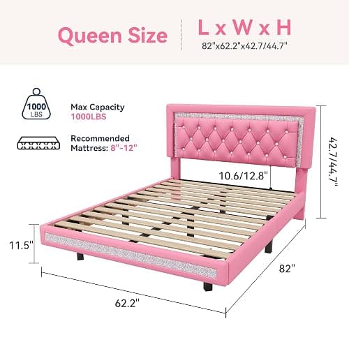 FreeHouse Floating Bed Frame Queen with LED Lights, Faux Leather Upholstered Bed Frame with Diamond Tufted Headboard, Solid Wood Slats, Noise Free, No Box Spring Needed, Easy Assembly,Pink thumbnail 2